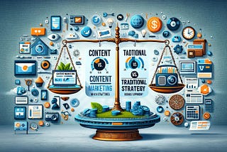 On the left, content marketing elements include a blog post, social media icons, a video player, and a laptop with analytics charts. On the right, traditional advertising elements feature a TV commercial, a billboard, a newspaper ad, and a radio. In the center, a balance scale symbolizes the weighing of both strategies, set against a background that blends digital and traditional media themes.