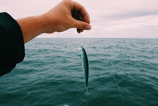 A blue, fish-shaped lure with a four-pronged barbed hook at the tail and fishing line attached to the head. A hand, emerging from the left side of the image, holds the line between the forefinger and thumb, presenting the lure above a calm sea under a soft, pink sky.