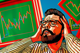 AI image created on MidJourney V6 by henrique centieiro and bee lee, annoyed investor covering his ears with investment charts all over