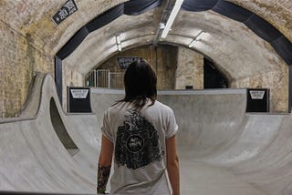 Image of a man with long hair, back to the camera, staring out over an indoor skate park.