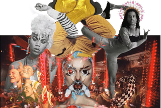 eccentric collage of images with shot of yellow platform boots