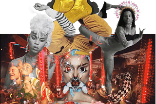 eccentric collage of images with shot of yellow platform boots