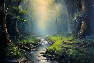 AI painting of a forest bathed in soft light, with a creek flowing down the middle