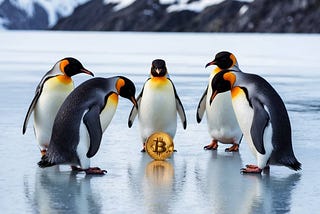 A group of pudgy penguins gathering around a shiny coin on the icy ground