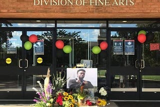 Memorial for Chadwick Boseman on the steps of the Howard University College of Fine Arts