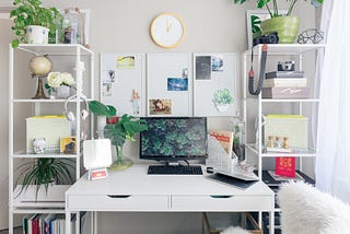 A sunny and personalized study area, with shelves, plenty of space, and plants to make it more homey.