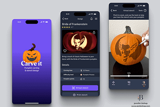 Three mobile screens for a pumpkin carving app displaying the design library and virtual stencil feature.