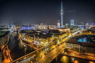 cityscape of Berlin and Alexanderplatz in Germany in the evening.