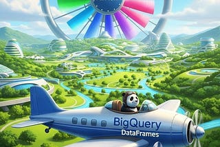 A panda flying a blue airplane branded as BigQuery DataFrames with a futuristic eco-city behind and a giant rainbow colored fan branded as Apache Airflow.