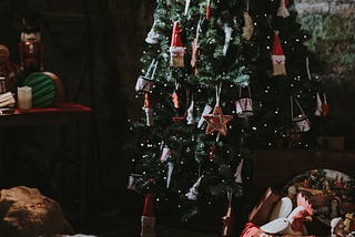 Decorated Christmas tree with wrapped presents in bundles surrounding it.