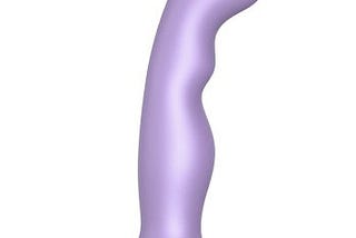 Lavender dildo resting on flat hand, palm up. Curved dildo with changes in diameter and angled head.