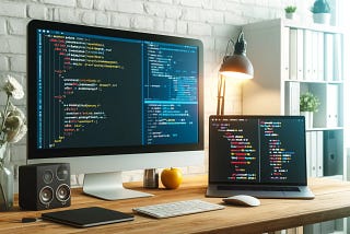 An iMac and macbook with a split-screen code editor on both screens