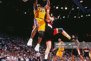 Shaquille O’Neil in Game 1 of the 1997 Lakers-Blazers playoffs series