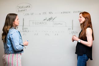 Two women next to a whiteboard