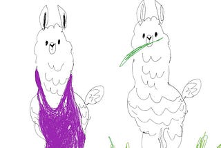 Drawing of 2 llamas. One is wearing a purple leotard and looks confused. The other one is chewing on a stem of grass and is content.