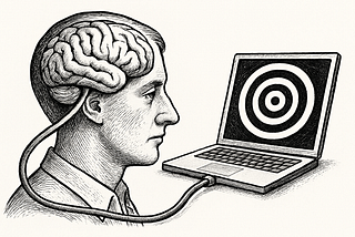 A detailed black-and-white ink illustration shows a side profile of a man with an exposed brain connected by a thick cable to a laptop. The laptop screen displays a hypnotic bullseye pattern, symbolizing cognitive influence. The man has a neutral expression, and the artwork uses fine cross-hatching for depth and texture.