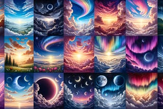 A vivid and colourful image showcasing various sky scenes from morning to night, including sunrise, sunset, storm clouds, starry night, auroras, meteor showers, and an eclipse.