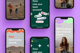 Instagram stories with young people, colorful geometrical patterns, and signs “Link your bank account” and “Build your financial future” are being shown on multiple iPhone screens.
