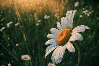 A beautiful close up of a dew covered daisy in a field of tall grass and other daisies as it is being touched by the early rays of morning sunlight.