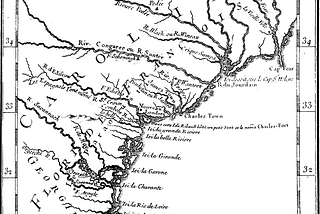 A map of French Florida, titled “Carte de Costes de la Florida Françoise” shows the eastern seaboard from South Carolina to North Florida. The map is black and white and shows many of the rivers in the area as well as some early colonies.