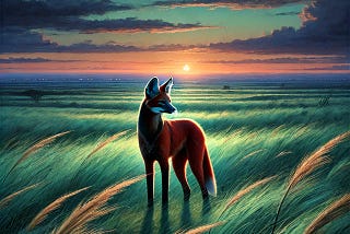 A lone maned wolf stands in tall green grass at dusk, its reddish fur glowing in the sunset. A distant city fades into the horizon on one side, while open wilderness stretches on the other.
