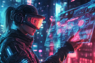 A futuristic explorer in high-tech gear holds a holographic map with interactive icons, set against a neon-lit cyberpunk city skyline reflecting off their visor. Digital art style.