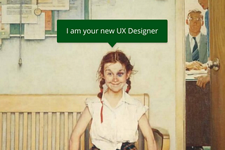 Uma criança sentada em uma cadeira com um olho roxo, escrito ”eu sou a sua nova UX Designer”.