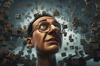 A tattooed man wearing glasses and looking in wonder as a variety of puzzle blocks with characters on them float around his head