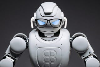 A white robot with glowing angry eyes wearing black rimmed glasses with the Figma logo embossed on its chest.