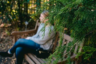 woman sitting on a bench behind an evergreen tree