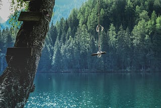 Photo of a rope swing over an idyllic northern lake