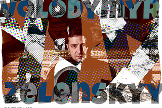 This is a fragmented, composited digital illustration featuring Volodymyr Zelenskyy, President of Ukraine, and including images of the Russian invasion, and the splendid Presidential office in the Mariinskyi Palace. Zelenskyy looks straight out at the viewer with a serious expression.