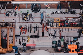 A picture of a garage with tools