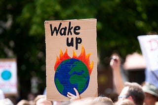 Protesters with picket signs, one in the middle made of cardboard and the words, “wake up” and picture of a burning earth