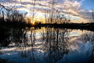 A photo of a sunset in Bergerac, by Pombonne’s lake. There are trees and they reflect in the water.