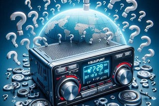 Una radio de coche rodeada de signos de interrogación y piezas rotas. Hay una bola del mundo de fondo. Representa la desconexión al perderse los datos.