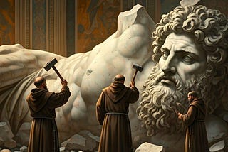 Monks destroy a colossal statue of Jupiter