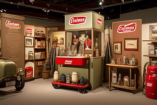 Create an image of a historical exhibition showcasing the diverse range of Coleman products throughout the decades. Display camping gear, lanterns, and coolers from different eras in a museum-like setting with informative plaques and vintage advertisements. Show a family in mid-20th-century attire interacting with some of the exhibits, evoking a sense of nostalgia and the lasting impact of Coleman products on outdoor adventures.