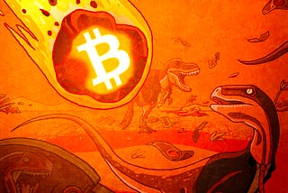 Dinossaurs on suits about to be hit by a huge Bitcoin meteor. Comic with orange colors.