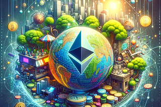 Digital artwork depicting the integration of Real-World Assets with blockchain, showcasing a globe with buildings, art, and commodities merging into digital binary code and Ethereum’s logo, symbolizing sustainability and digital ownership. #BlockchainInnovation  #EthereumLayer2  #DigitalOwnership  #SustainableBlockchain  #RealWorldAssets  #TechForGood  #GreenBlockchain  #FintechFuture  #CryptoArt  #DigitalTransformation