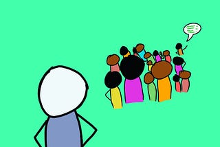 a stick figure sketch of a white person considering entering into a conversation of Black and Latinx folx who are already dialoguing themselves about an issue.