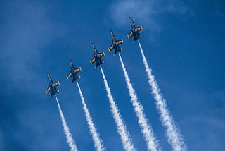 Picture of blue angels in sky on Mickey Markoff’s Medium Intro about air and sea show production.