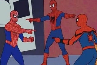 Three people dressed as spiderman pointing at each other, the image is a cartoon (source: Twitter)
