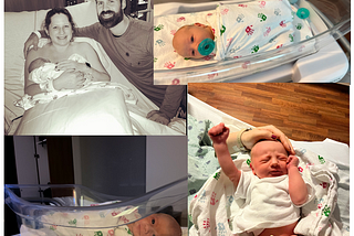 Upper left: Megan holding baby Mason in a hospital bed with her husband, Michael by her side. Upper right: Baby Mason laying in his “hospital bed” swaddled in a hand printed blanket and teal pacifier. Lower left: Baby Mason swaddled in his hospital bed looking straight on at the camera with open eyes. Lower right: Mason laying down in a white shirt with closed eyes stretching his arms.