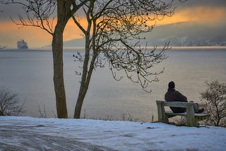 A person contemplating life sitting by a large lake