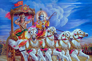 Arjuna fighting in battle alongside Lord Krishna.