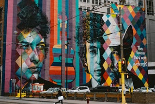 Mural of Bob Dylan’s face in multi colors