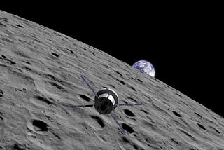Illustration shows a spacecraft orbiting the Moon with the Earth visible in the background over the lunar horizon.