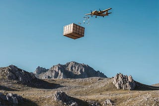 Airdrop: a rugged landscape with a rocky terrain, a clear blue sky, and a small cargo plane dropping supplies from above