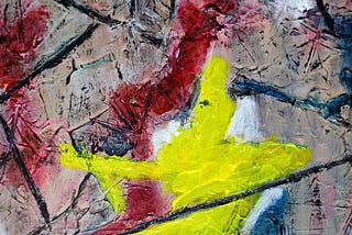An abstract painting with brick-colored background and black angular lines semi framing a yellow humanish figure with a red-shaped  contour in its grasp